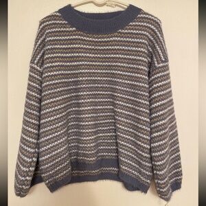 Anthropologie Raga Striped Blue & Cream & Gold Womens Sweater Size L Worn 1 Time